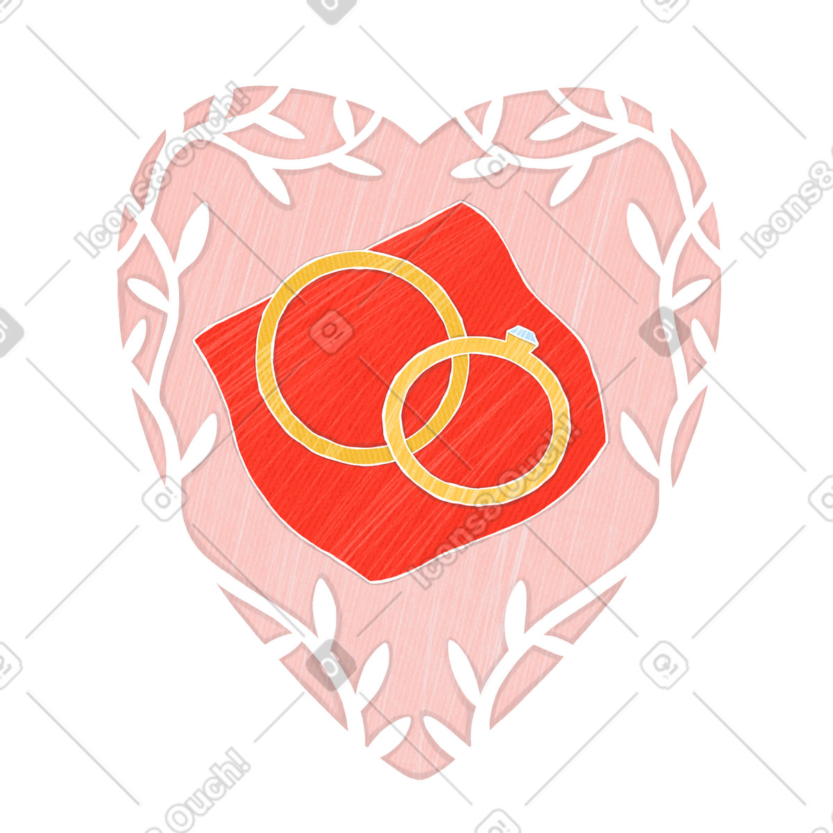 Иллюстрация Pink frame in the shape of a heart with floral pattern and two wedding rings в стиле Crafty — скачать в форматах PNG, SVG
