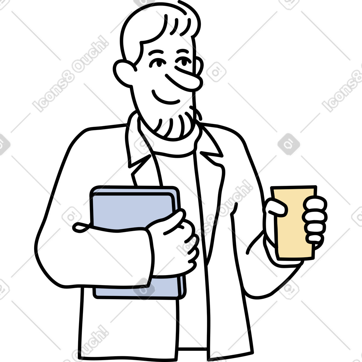 Mann mit laptop und einer tasse kaffee-Illustration im Notes-Stil als Download in PNG, SVG