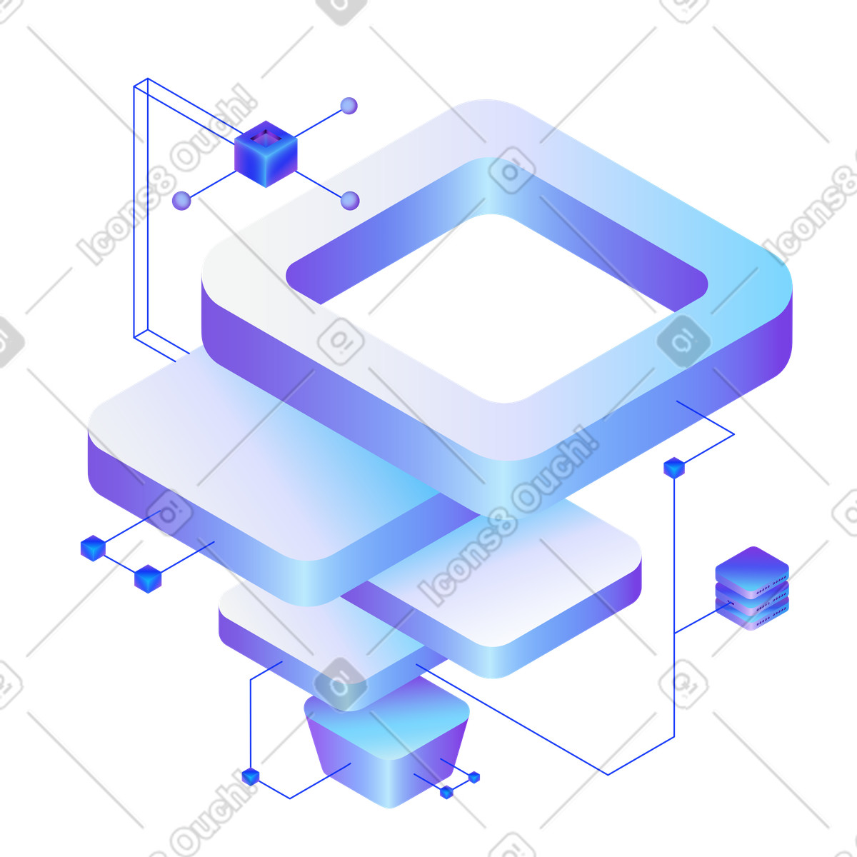 Modular isometric data layers with routed connections, database architecture and system flow illustration in PNG, SVG