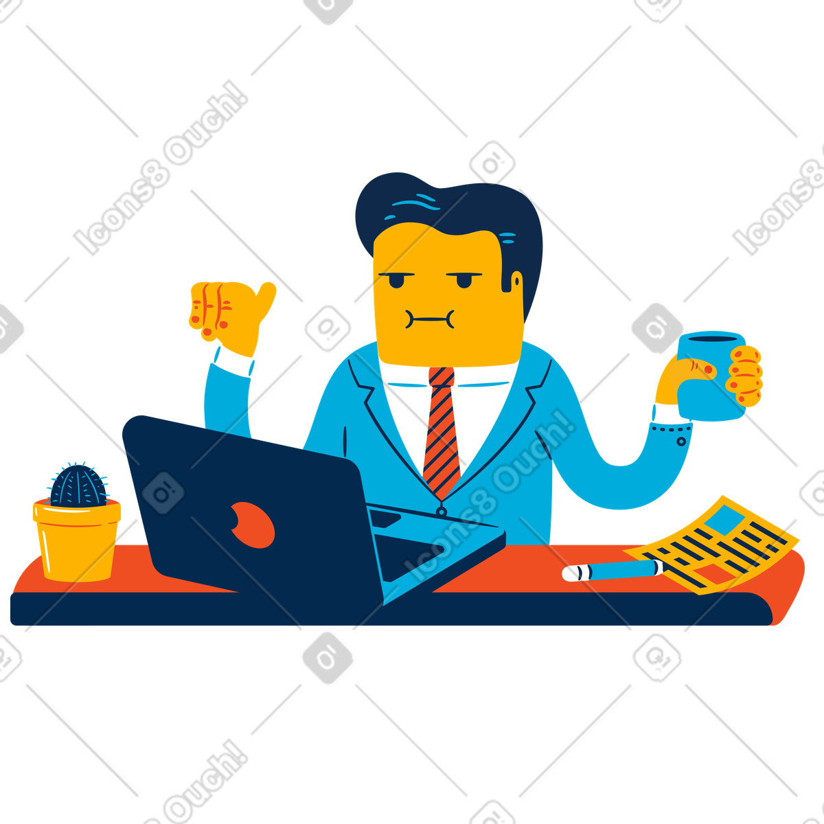 Geschäftsmann arbeitet remote am laptop-Illustration im Flame-Stil als Download in PNG, SVG