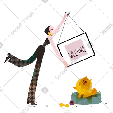 Woman with dog hanging the picture in the wall PNG, SVG