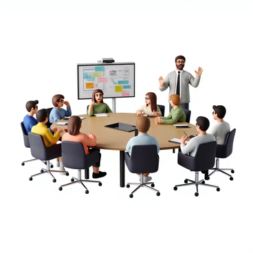 A brightly lit workshop setting featuring multiple participants engaged in a virtual meeting. Each participant is shown on their own screen, displaying diverse faces and expressions indicating engagement and interest. Some participants have their hands raised as if asking questions, while others are typing notes on their keyboards. The background includes a digital whiteboard with colorful sticky notes and diagrams that reflect the workshop's topics. A large monitor displays a facilitator leading the session, who is animatedly explaining concepts with gestures. The overall atmosphere conveys active participation and collaboration among the participants.