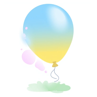 A colorful balloon is drifting downward, gradually losing its air and becoming limp. The balloon is vibrant with shades of blue and yellow, and it has a shiny, glossy surface. As it descends, some small droplets of moisture can be seen gathering on its surface. The background features a soft gradient of pastel colors, creating a gentle atmosphere. The ground below is a blurred mixture of soft greens and browns, suggesting a grassy area where the balloon will eventually land.