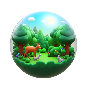 A globe displaying a lush green forest environment. The forest is filled with a variety of trees and vibrant foliage. Different species of wildlife can be seen throughout the forest, including a deer grazing, colorful birds perched on branches, and a rabbit peeking out from behind a bush. Sunlight filters through the leaves, casting dappled shadows on the forest floor. The globe is encased in a clear glass, highlighting the intricate details of the natural landscape within.