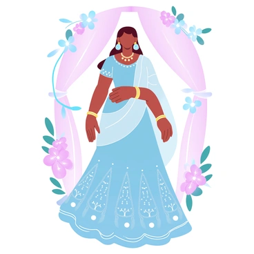 An Indian bride is standing in an elegantly decorated room, surrounded by vibrant flowers. She is wearing a richly embroidered wedding lehenga that glistens with intricate patterns. Her hair is styled elegantly, adorned with fresh jasmine flowers. She is draped in a delicate dupatta, which falls gracefully over her shoulders. Gold jewelry glistens around her neck, including a statement necklace, bangles on her wrists, and elaborate earrings. The background features colorful drapery and traditional wedding decor, enhancing the festive atmosphere.