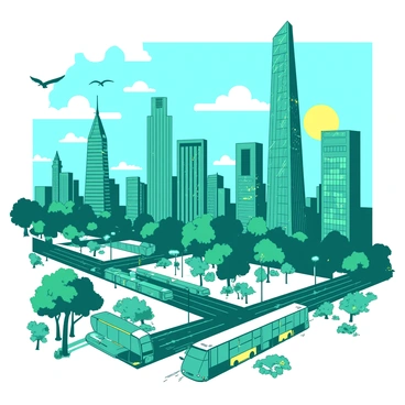 A teal cityscape features tall skyscrapers with intricate glass facades and varying architectural styles. In the foreground, a white park is filled with green trees and colorful flowers, where small teal birds are flying. Several white clouds drift across the blue sky above, casting soft shadows on the buildings below. The streets are bustling with teal cars and yellow buses moving along the roads, while pedestrians walk on the sidewalks, adding life to the urban scene. Streetlights illuminate the pathways, and a yellow sun is setting on the horizon, painting the scene in a warm glow.