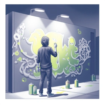 A street artist painting a vibrant mural on a city wall under the cover of night