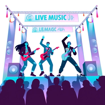 A vibrant music festival stage set in an open area, filled with excited fans waving their hands in the air. Multiple guitarists stand on stage, each playing electric guitars. The first guitarist, with long flowing hair and wearing a leather jacket, is positioned at the front, passionately strumming his instrument. The second guitarist, dressed in a colorful band t-shirt and ripped jeans, is jumping energetically, while the third guitarist, with a beanie and sunglasses, creates intricate riffs on the side. Bright stage lights illuminate the scene, casting colorful beams across the stage and crowd. Large speakers flank the stage, and colorful banners with "LIVE MUSIC" text hang above, adding to the festive atmosphere.