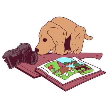 A dog curiously inspecting a camera, next to its personalized pet photo album.