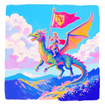 A brave dragon rider is perched on the back of a large, majestic dragon as they soar through a sky filled with fluffy white clouds. The dragon has vibrant green scales that shimmer in the sunlight, and its wings are spread wide, creating a powerful silhouette against the blue sky. The rider is clad in armor that reflects their house colors, which are prominently displayed on a flag that they hold high above their head. The flag flutters in the wind, showcasing intricate designs that signify their heritage. Below them, a vast landscape stretches out, hinting at sprawling forests and distant mountains.