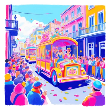 A Mardi Gras parade takes place along a lively street filled with spectators. Colorful floats, elaborately decorated, roll by with themes showcasing traditional New Orleans culture. Each float features intricate designs, bright colors, and figures adorned in festive costumes. People in the crowd wear "masquerade masks" in various designs and colors, adding to the celebratory atmosphere. "Bead necklaces" of many hues are tossed into the crowd, creating a vibrant display of color as they catch the light. The scene is bustling with excitement, filled with laughter and joy as attendees celebrate the festivities.