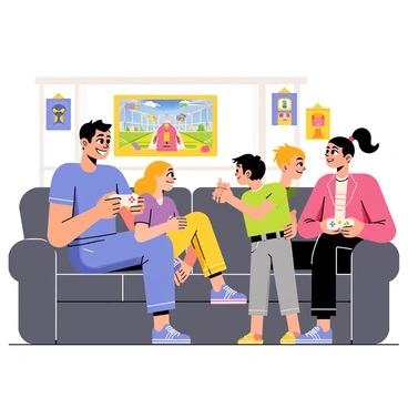 A family of four is gathered in a cozy living room, sitting on a comfortable dark gray couch. They are focused on a large flat-screen television displaying a colorful multiplayer video game scene. The father, wearing a blue t-shirt, is holding a game controller and smiling. The mother, dressed in a pink sweater, is leaning in to share a laugh with their two children. The older child, a girl in a purple dress, is also holding a controller, while the younger child, a boy in a green t-shirt, is excitedly jumping in his seat. The room is filled with warm lighting, and a few game-themed posters are hanging on the walls.