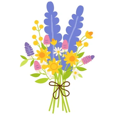 A bouquet filled with vibrant bluebonnets standing tall among an array of colorful wildflowers, including yellow daisies, purple coneflowers, and white daisies. The wildflowers are arranged in a balanced composition, showcasing their varying heights and shapes. The bluebonnets have deep blue petals with a slightly lighter hue towards the tips, creating a striking contrast with the other flowers. Green leaves and stems weave together seamlessly, adding texture to the arrangement. The bouquet is tied together with a natural twine bow, enhancing the rustic charm of the floral display.