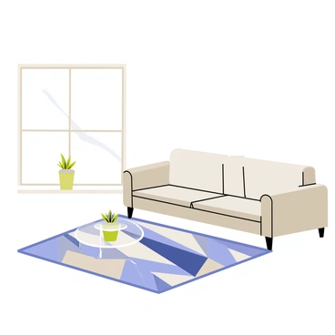 A minimalistic living space with a bright white wall and light wooden flooring. In the center of the room is a geometrically designed rug featuring a pattern of interlocking triangles in shades of blue, gray, and white. A sleek, low-profile sofa in a soft gray color is positioned against one wall. A small, round coffee table made of clear glass sits on the rug, adorned with a single potted succulent. Natural light streams in through a large window, illuminating the room and creating a calm atmosphere.
