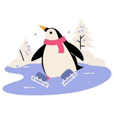 A penguin wearing a bright red scarf is joyfully skating on an icy pond. The pond is surrounded by patchy snow and small, glistening icicles hanging from nearby rocks. The penguin has a wide smile on its face as it glides effortlessly on the smooth ice. There are small snowflakes gently falling from the sky, adding to the winter atmosphere. In the background, a few snow-covered trees create a picturesque scene.