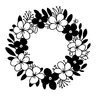 A wreath composed of various tropical flowers, including "hibiscus" and "bird-of-paradise," arranged intricately. The flowers are surrounded by abundant "lush green leaves" that form the circular shape of the wreath. The composition showcases the distinct forms of the flowers and leaves, creating an intricate and textured appearance. The entire arrangement is presented as a decorative piece.
