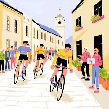 A group of cyclists wearing colorful jerseys races down a winding cobblestone street in a charming old town. The street is lined with quaint stone buildings featuring wooden shutters and flower boxes. Cheerful spectators watch from the sides, some waving flags while others hold cameras. The cyclists have determined expressions as they pedal swiftly, with their bicycles in a variety of bright colors. Sunlight casts shadows on the cobblestones, highlighting the texture of the historic street. In the background, an old clock tower stands tall, adding to the picturesque scene.