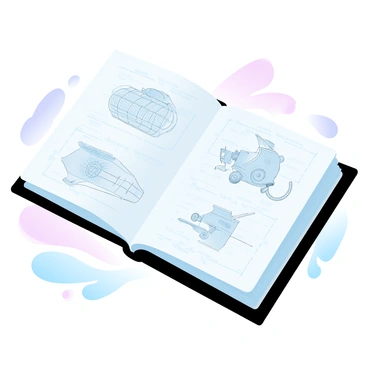 An open notebook lies on a wooden table, showcasing "da Vinci's famous mirror writing" on the pages. The notebook is filled with sketches of "various inventions," including a flying machine, an armored vehicle, and a mechanical knight. The sketches are detailed with intricate lines and annotations. The background features a soft gradient of pastel colors, enhancing the focus on the notebook and its contents. The scene captures a sense of historical creativity and innovation.