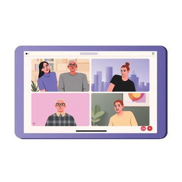 A digital flat illustration featuring a video conference screen displaying multiple participants connected in a grid arrangement. Each participant is represented in a rectangular frame with varying backgrounds. The person in the top left frame is a woman with long black hair, wearing a blue blouse, and has a bookshelf in the background. The top right frame shows a man with short curly hair, wearing glasses and a gray t-shirt, with a city skyline behind him. The bottom left frame features an older man with white hair and a plaid shirt, sitting in front of a green plant. The bottom right frame displays a young woman with red hair in a bun, wearing a yellow sweater, with a colorful abstract painting behind her. The screen has a sleek blue border, and there is a toolbar at the bottom with icons for microphone and camera controls.