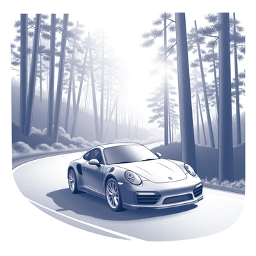 A sleek Porsche sports car is navigating a winding road. The vehicle is positioned at a slight angle, showcasing its aerodynamic design. On either side of the road, tall trees tower, their trunks sturdy and straight. The foliage from the trees is dense, creating a vibrant canopy above. Sunlight filters through the leaves, casting dappled shadows on the ground and the surface of the car. The road curves gracefully, leading the eye into the depths of the lush forest, where more greenery fills the scene.