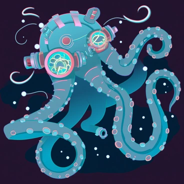 A steampunk-themed kraken with intricate mechanical tentacles. The body is adorned with brass and copper plating, featuring rivets and steam pipe accents. Each tentacle is equipped with gears and pistons, moving in a synchronized manner. The creature looms ominously from the depths of a dark, murky ocean, with bubbles and wisps of steam emanating from its joints. Its large, glowing eyes are surrounded by a complex network of wires, and there are hints of glowing gauges embedded in its skin, giving it a lifelike yet mechanical appearance.