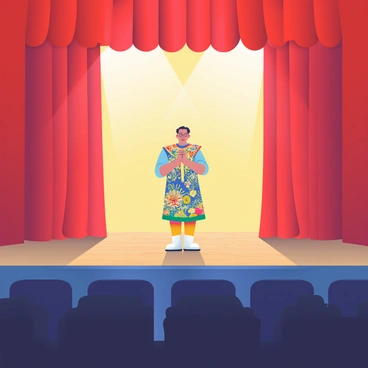 An empty theater with red velvet curtains drawn back, revealing a polished wooden stage illuminated by warm stage lights. In the center of the stage stands a lone performer wearing an elaborate costume adorned with intricate patterns and vibrant colors. The performer is gazing thoughtfully into the distance, with a look of contemplation on their face. The audience seats are dark and unoccupied, creating a sense of solitude. Shadows dance across the stage, adding depth to the scene. The performer's hands are clasped together in front, as if pondering whether to proceed with the performance.