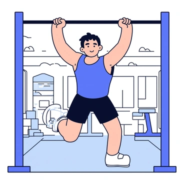 A person hanging from a pull-up bar in a gym. The individual has a muscular build and is wearing a blue tank top and black shorts. Their arms are fully extended, gripping the bar firmly. The gym setting includes various exercise equipment in the background, such as weights and benches. Bright overhead lights illuminate the space, casting shadows on the gym floor. The person's expression is focused and determined as they maintain the dead hang position.