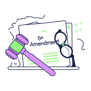 A judge's gavel is resting on top of a legal document. The gavel features a polished wooden handle and a round striking head. The legal document has the words "5th Amendment" prominently stamped in the center. The document is slightly crumpled, suggesting it has been handled frequently. Next to the gavel, there is a pair of glasses resting on the edge of the document. The scene is arranged on a wooden desk with a subtle texture.