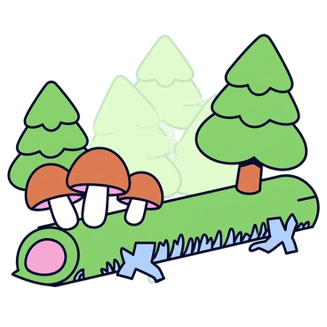 A cluster of mushrooms with brown caps and white stems is growing on a fallen tree log. The log is covered in green moss and surrounded by small patches of grass. In the background, the forest is filled with tall green trees and soft sunlight filtering through the leaves, casting gentle shadows on the ground.
