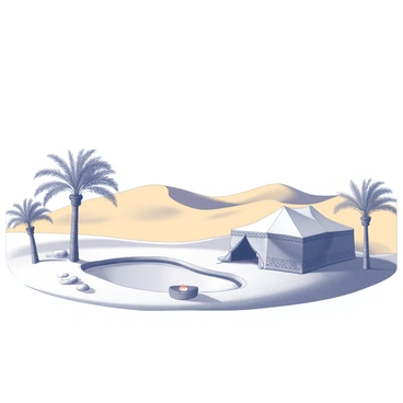 An oasis in the desert with palm trees, a clear pond, and a bedouin tent
