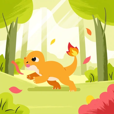 A Charmander with bright orange scales is walking through a lush green forest. The forest is filled with tall trees with thick trunks and vibrant green leaves. Colorful leaves in shades of red, orange, and yellow are falling gently around the Charmander, creating a whimsical atmosphere. Sunlight filters through the tree canopy, casting dappled light on the forest floor. The Charmander has a cheerful expression, with its tail flame flickering softly as it moves.