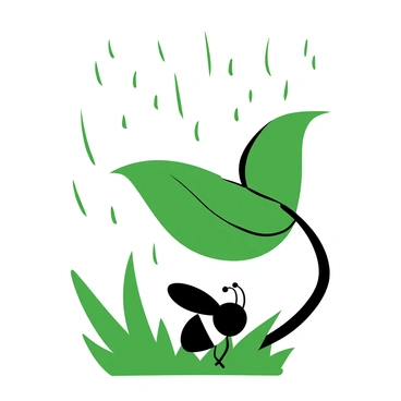 A bee with delicate wings is perched under a large green leaf, seeking shelter from a gentle rain shower. Raindrops are falling, creating small splashes on the ground below. The leaf is slightly curled at the edges, providing a protective canopy. Surrounding the bee, there are blurred outlines of grass blades, glistening as they catch the rain. Each droplet on the leaf's surface is distinct, emphasizing the wet environment.