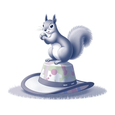 A squirrel with fluffy fur is perched on the top of a picnic hat. The hat has a wide brim and a colorful pattern, creating a contrast to the squirrel's natural appearance. The squirrel has its paws wrapped around a nut, appearing to nibble on it with delight. The scene captures the playful demeanor of the squirrel as it balances on the hat, with its tail curved behind it. The background includes a grassy area, suggesting a park setting where a picnic might take place.