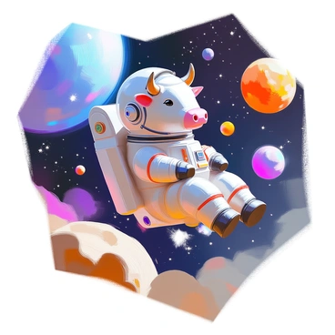 A cow wearing a space suit, complete with a helmet and reflective visor, is floating weightlessly among a backdrop of twinkling stars and colorful planets. The cow's suit is sleek and shiny, with patches and insignias that add detail. Surrounding the cow, various celestial bodies are visible: a large, vibrant blue planet with swirling clouds, a fiery red planet with craters, and distant stars twinkling in the dark expanse of space. The cow appears calm and curious, gazing at the wonders surrounding it.