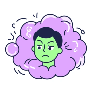 A person's head is centrally positioned in the image, surrounded by swirling storm clouds. The clouds are dense and dark, creating a sense of tumultuous energy. The person's facial expression is one of contemplation, with furrowed brows and wide-open eyes, conveying a sense of confusion. The background consists of a dynamic interplay of the storm clouds, with tendrils reaching outwards, adding to the feeling of uncertainty and turmoil.