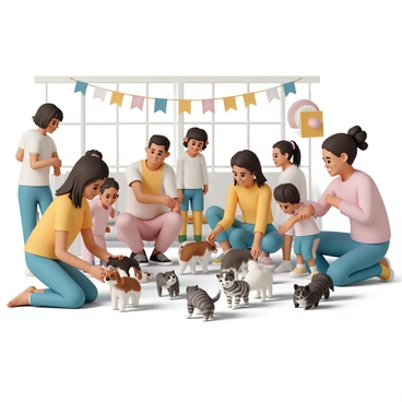 A colorful pet adoption reception area filled with families of various backgrounds. Several families are kneeling and playing with a variety of puppies, including a small brown beagle and a fluffy white Maltese. Nearby, children are gently petting a group of playful kittens, featuring a striped gray tabby and a fluffy black kitten. The scene is lively, with smiles and laughter as the families interact with the animals. Bright decorations and banners may be visible, promoting pet adoption, creating an inviting atmosphere. The light streaming in from large windows adds warmth to the gathering.