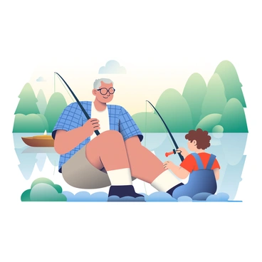 A grandfather with gray hair and glasses is sitting at the edge of a lake, holding a fishing rod. He is wearing a blue plaid shirt and khaki shorts. Beside him, a young child with curly brown hair is eagerly watching his grandfather, wearing a red t-shirt and blue overalls. The child's small hands are reaching out to hold the fishing rod as the grandfather demonstrates how to cast it into the water. In the background, the lake is surrounded by lush green trees, and the water reflects the soft colors of the sky. A small wooden boat is gently floating nearby, adding to the peaceful scene.