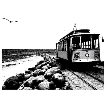 A vintage trolley car is traveling along a coastal line. The trolley car is adorned with intricate detailing and features large windows. The coastal line runs adjacent to the ocean, showcasing the gentle waves rolling onto the shore. The scene includes a rocky coastline dotted with patches of vegetation. In the distance, there are seagulls soaring above the water, and the horizon stretches out seamlessly. The trolley car appears to be in motion, capturing the essence of a leisurely journey along the scenic route.