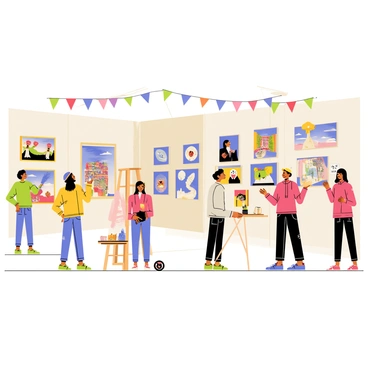 A large exhibition hall filled with artists from various countries showcasing their art. Each artist stands next to their work, representing different styles and cultures. Some artworks include colorful paintings, intricate sculptures, and striking photographs displayed on easels and walls. Flags from different nations are hung around the hall, adding a festive atmosphere. Visitors walk around, admiring the pieces and engaging in discussions with the artists. The scene captures a diverse celebration of creativity and cultural exchange.