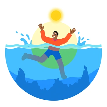 A swimmer breaking the surface of the ocean with arms outstretched towards the sun. Water splashes around them, glimmering in the bright sunlight. The swimmer's expression shows determination and relief, symbolizing their triumph over fear. Below the surface, faint silhouettes of sea creatures can be seen, adding depth to the scene. The ocean is a rich blue, contrasting with the warm golden rays of the sun filtering through the water.