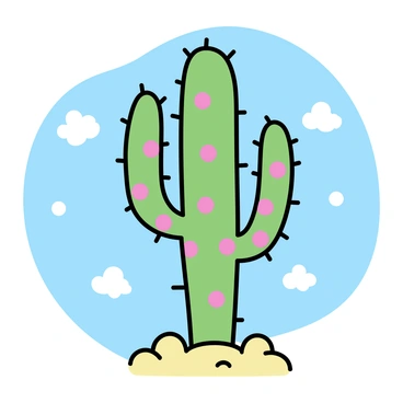 A green cactus, covered in large red and white polka dots, stands upright in a desert landscape. It has several tall, elongated arms extending upward. The background features a clear blue sky with a few fluffy white clouds scattered throughout. The ground is sandy, with small rocks surrounding the base of the cactus.