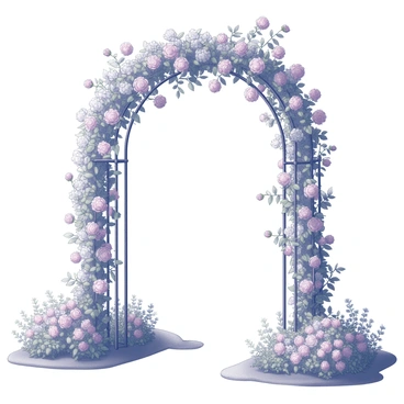 An archway made of wrought iron stands prominently in a lush garden. The structure is adorned with an abundance of climbing roses, their delicate blooms cascading over the top and side of the arch. Ivy intertwines with the roses, adding a rich texture to the greenery. The ground is surrounded by various flowers and plants, enhancing the scene with a sense of flourishing life. The archway creates a beautiful passage, inviting anyone who walks through to explore the garden further.