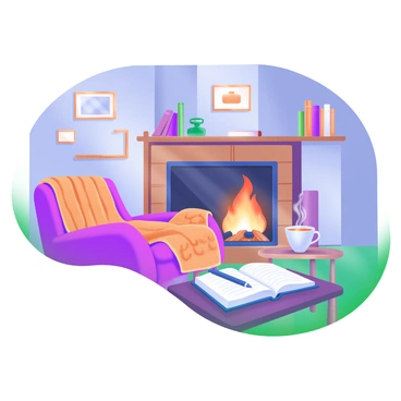 A cozy lecture scene featuring a crackling fireplace with warm flames. The fireplace is surrounded by a wooden mantel adorned with books and a couple of decorative items. In front of the fireplace, there is a plush armchair draped with a textured blanket. A small wooden table beside the chair holds a steaming cup of tea and an open notebook with a pen resting on it. The dim lighting casts soft shadows, enhancing the inviting atmosphere of the room. On the walls, there are framed pictures and shelves lined with more books. The overall color palette consists of warm earth tones, creating a comfortable and welcoming environment.