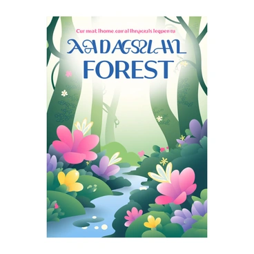 A book cover featuring a magical forest is depicted. The scene includes vibrant, oversized flowers in shades of pink, purple, and yellow, blooming amidst green foliage. Glowing creatures, resembling small fairies with luminescent wings, flit between the flowers. The forest background is rich with tall, twisting trees, their trunks adorned with moss and soft, bioluminescent fungi. A gentle stream winds through the forest floor, reflecting the colors of the flowers and the light emitted by the creatures. The title of the book appears at the top in bold, enchanting font, surrounded by delicate vines.