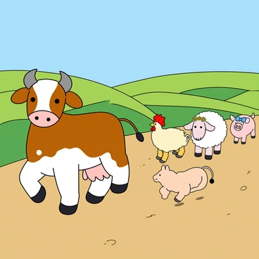 A two-headed calf with brown and white patches is at the front of a parade. Each head has large, expressive eyes and floppy ears. The calf is leading a group of various farm animals down a dusty dirt road. Following closely behind are a fluffy white sheep, a clucking hen with bright feathers, and a playful pig with a curly tail. The sheep has a flower crown on its head, while the hen is pecking at the ground. The pig is wearing a small blue bowtie. In the background, green fields stretch out under a clear blue sky, adding a vibrant atmosphere to the scene.