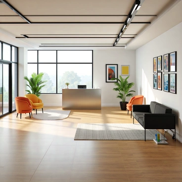 A reception area of an illustration agency featuring a wide, open space with polished wooden flooring. The walls are adorned with various vibrant art prints in frames, showcasing a diverse range of styles and themes. In the center, there is a modern reception desk made of sleek glass and metal, accompanied by a comfortable seating area with contemporary chairs in bold colors. A potted plant adds a touch of greenery near the entrance, and natural light streams in through large windows, creating a bright and inviting atmosphere. A small display stand holds brochures about the agency's services.
