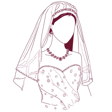 A close-up view of a white bridal dress featuring intricate lace patterns and delicate beadwork. The dress has a flowing silhouette with a soft, elegant neckline. Draped over the dress is a transparent white veil, elegantly cascading down from a decorative hairpiece adorned with tiny sparkling gems. Nestled around the neckline are various pieces of jewelry including a shimmering silver necklace with a central gemstone, and matching earrings that sparkle subtly. The overall composition highlights the intricate details of the dress and accessories, creating a harmonious and luxurious appearance.