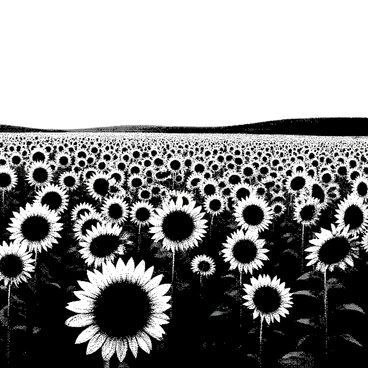 A wide field of sunflowers is stretching across the landscape, with numerous tall, vibrant sunflowers standing upright. Each sunflower is detailed, showcasing the large round centers and the petals extending outward. The sunflowers are swaying gently, as if moved by a light breeze. The background reveals a smooth, rolling horizon, adding depth to the scene. The overall composition is filled with dynamic patterns created by the numerous sunflowers, emphasizing their height and the gentle movement in the field.