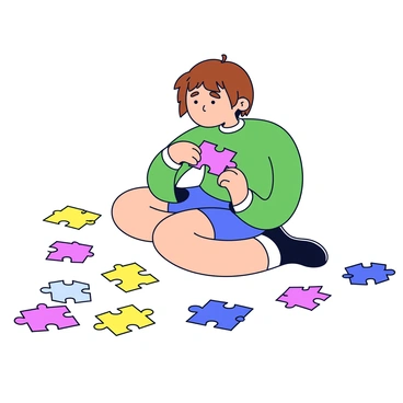 A character with a thoughtful expression is sitting on the floor. The character has short brown hair and is wearing a green shirt. Around them are many scattered puzzle pieces in various bright colors. The character is holding a blue puzzle piece in their hands, looking intently at an empty space on the floor where pieces are missing. The background is simple and unadorned, focusing attention on the character and the puzzle pieces.