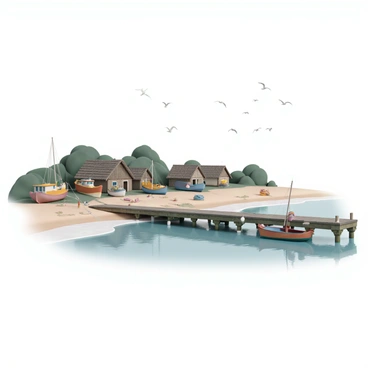 A quaint fishing village featuring a variety of small boats, each painted in vibrant colors, docked at a weathered wooden pier. The pier extends into a calm, reflective sea, with gentle waves lapping against its sides. In the background, rustic wooden houses with thatched roofs line the shoreline, surrounded by lush greenery. A few fishing nets and buoys are scattered around the pier, while seagulls soar above, creating a lively atmosphere in this coastal setting.